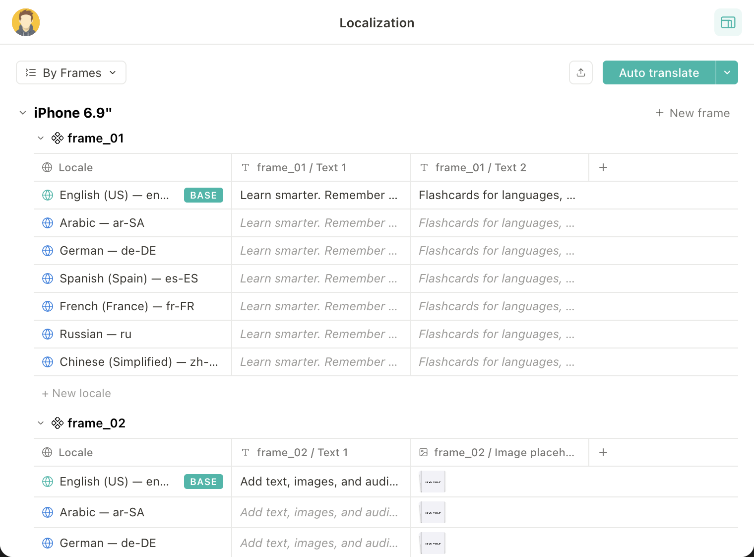 Localization table auto-translating screenshot copy across locales